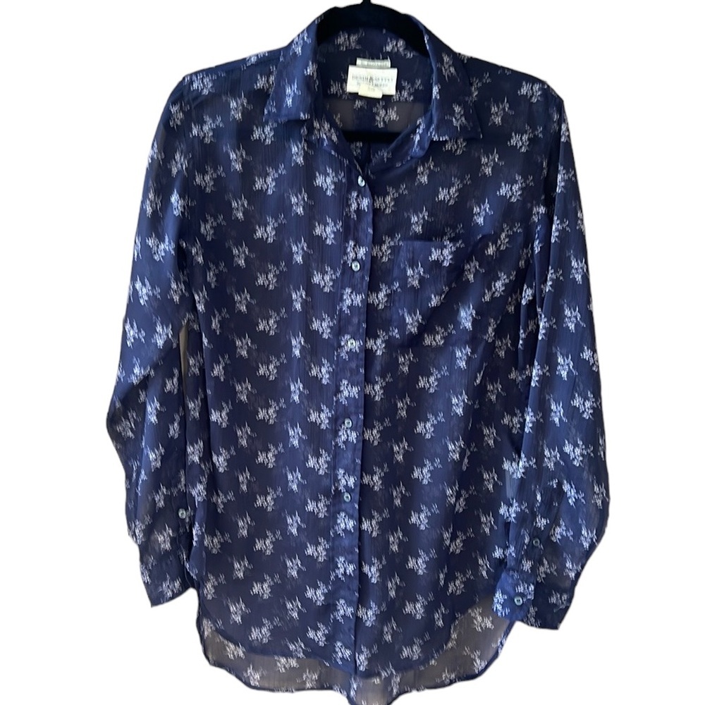 Denim & Supply Ralph Lauren Women's Boyfriend Button Down Shirt Sheer Navy Flora